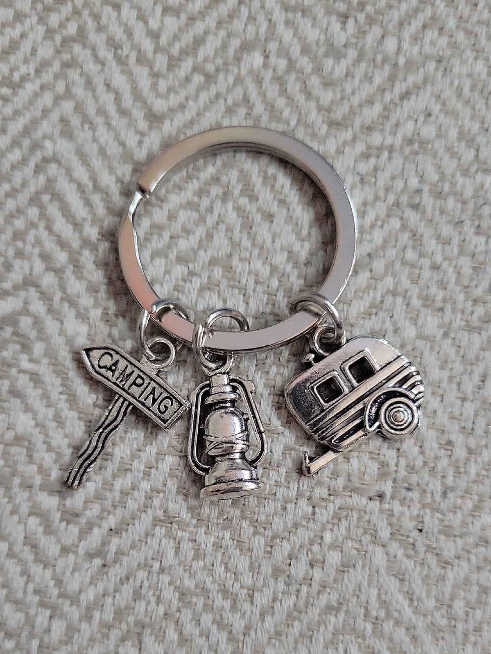 Camping Charm Keyring with Lantern & Trailer Charms - Silver